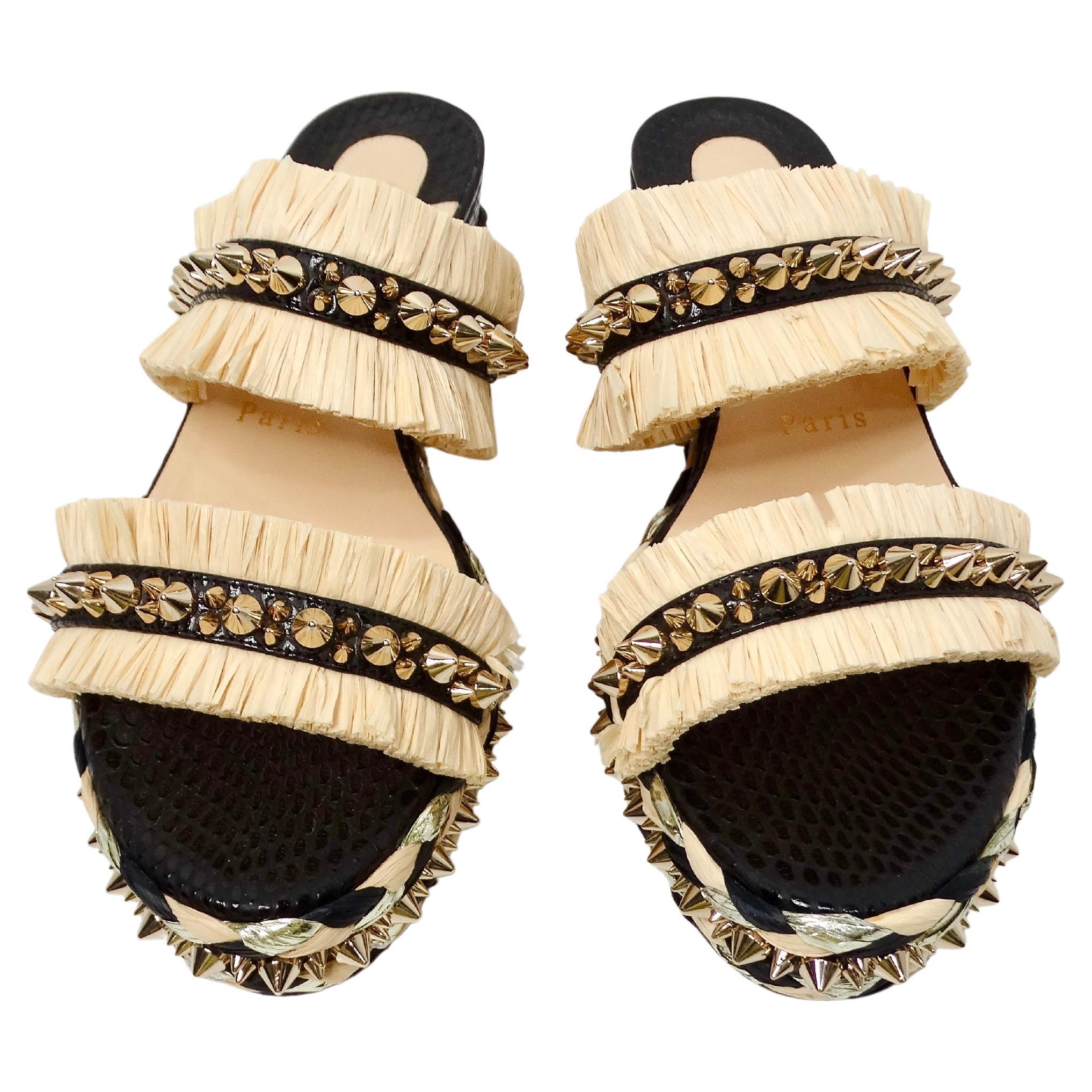 Christian Louboutin Voltinoudou Raffia Studded Platform Wedge Sandals