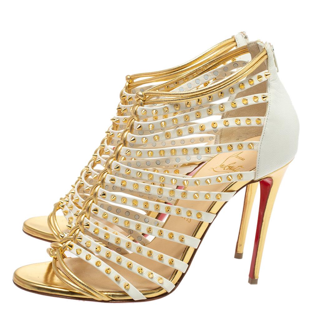 Christian Louboutin White and Gold Spiked Leather Millaclou Cage Sandals Size 36 In Good Condition In Dubai, Al Qouz 2