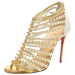 Christian Louboutin White and Gold Spiked Leather Millaclou Cage Sandals Size 36