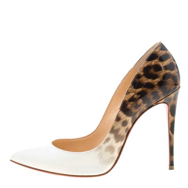 You'll evoke the most mesmerizing vision when you step out wearing this Christian Louboutin creation. It flaunts a breathtaking white patent leather exterior with leopard print towards the counters. From the pointed toe box to the 10.5 cm heels,