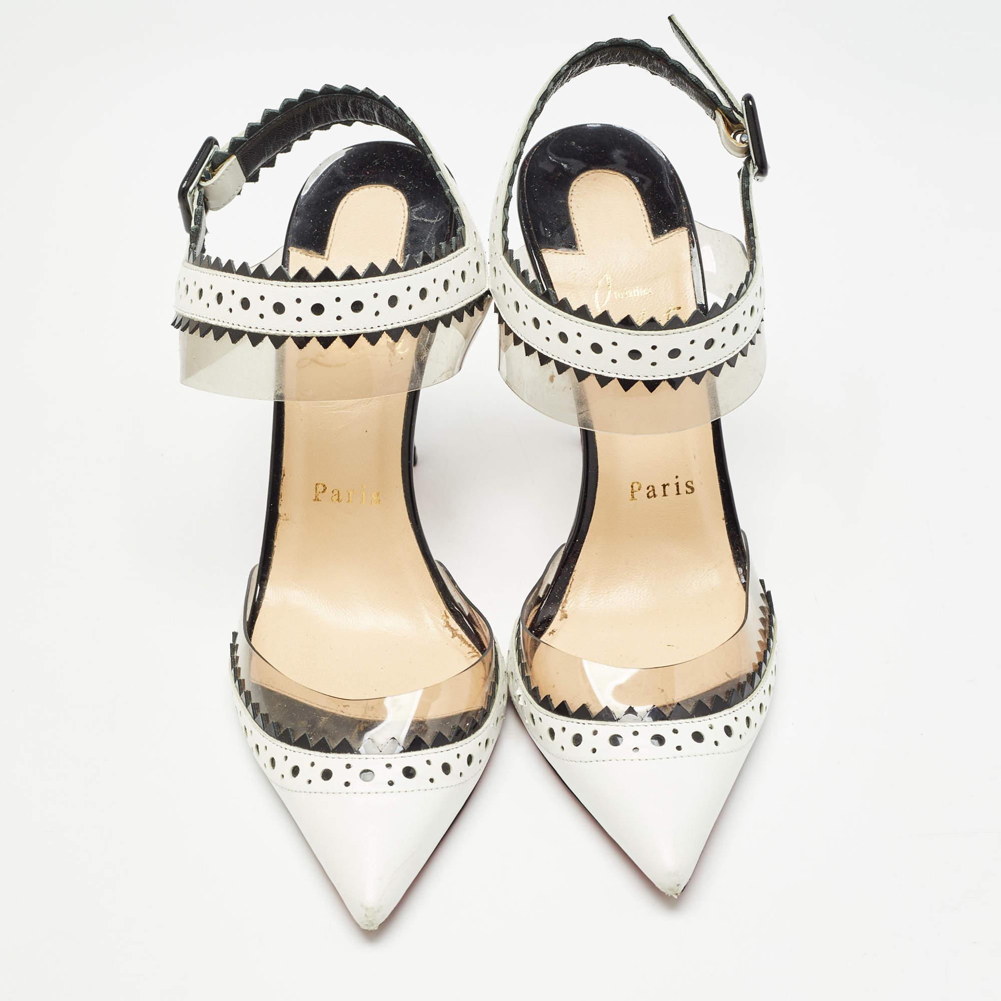 Beige Christian Louboutin White/Black Leather and PVC Chouette Pumps Size 37