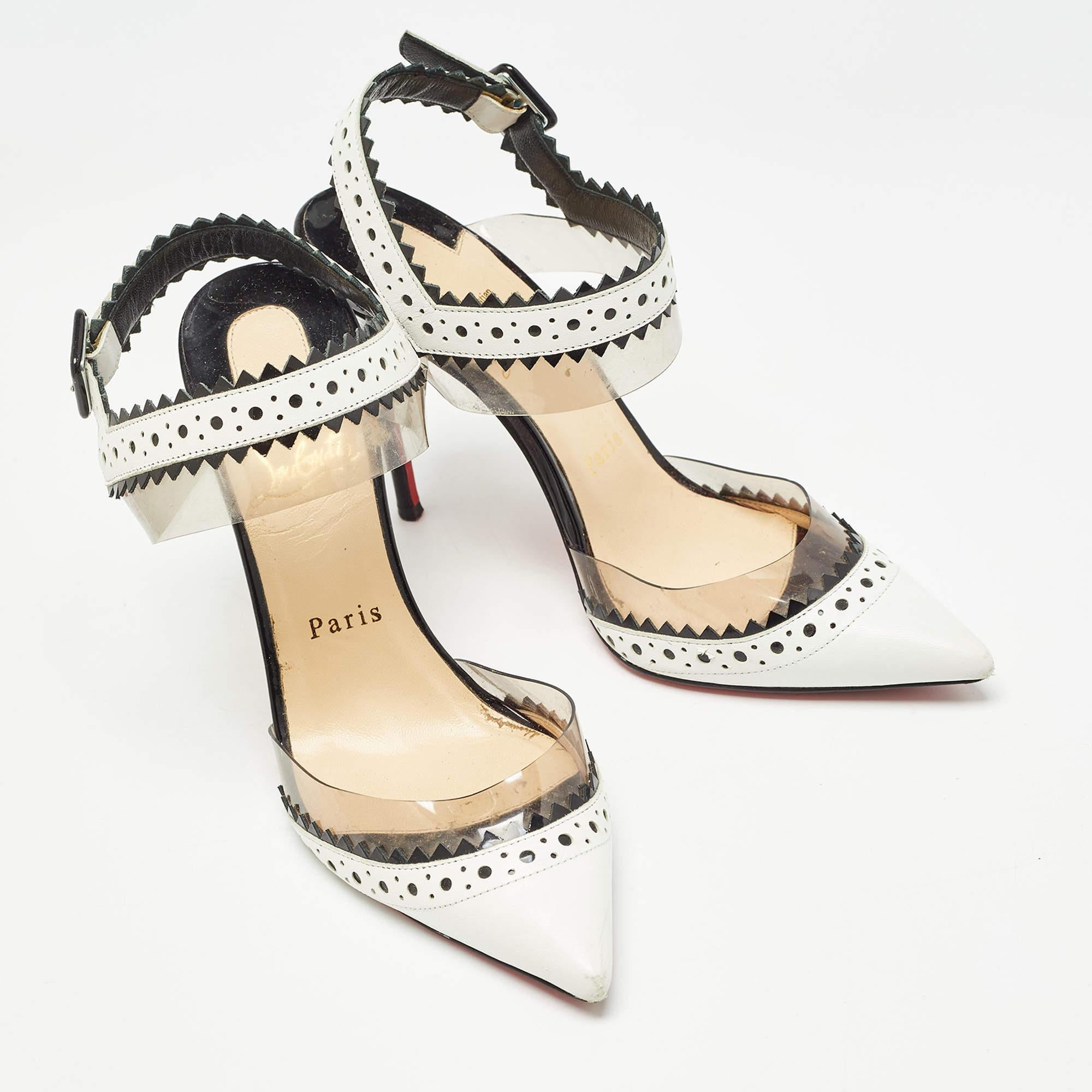Christian Louboutin White/Black Leather and PVC Chouette Pumps Size 37 In Good Condition In Dubai, Al Qouz 2