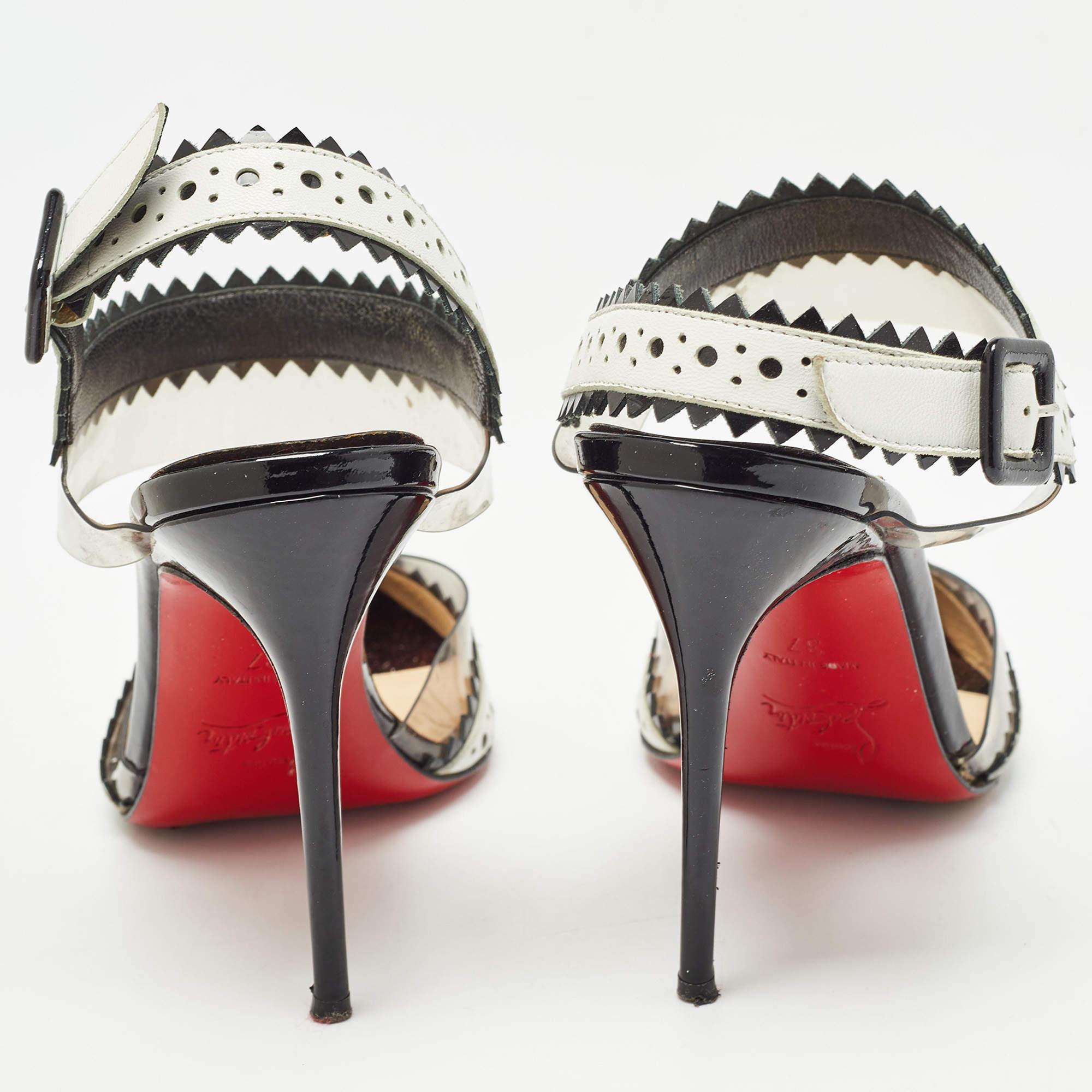 Women's Christian Louboutin White/Black Leather and PVC Chouette Pumps Size 37