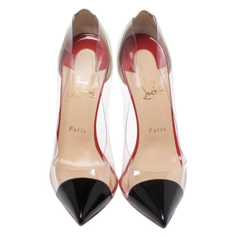 This pair of stunning pumps by Christian Louboutin is the epitome of sophistication. Made from PVC and patent leather, these pumps will add an edge to your personality. Revamp your collection of shoes by adding this pair of gorgeous Debout