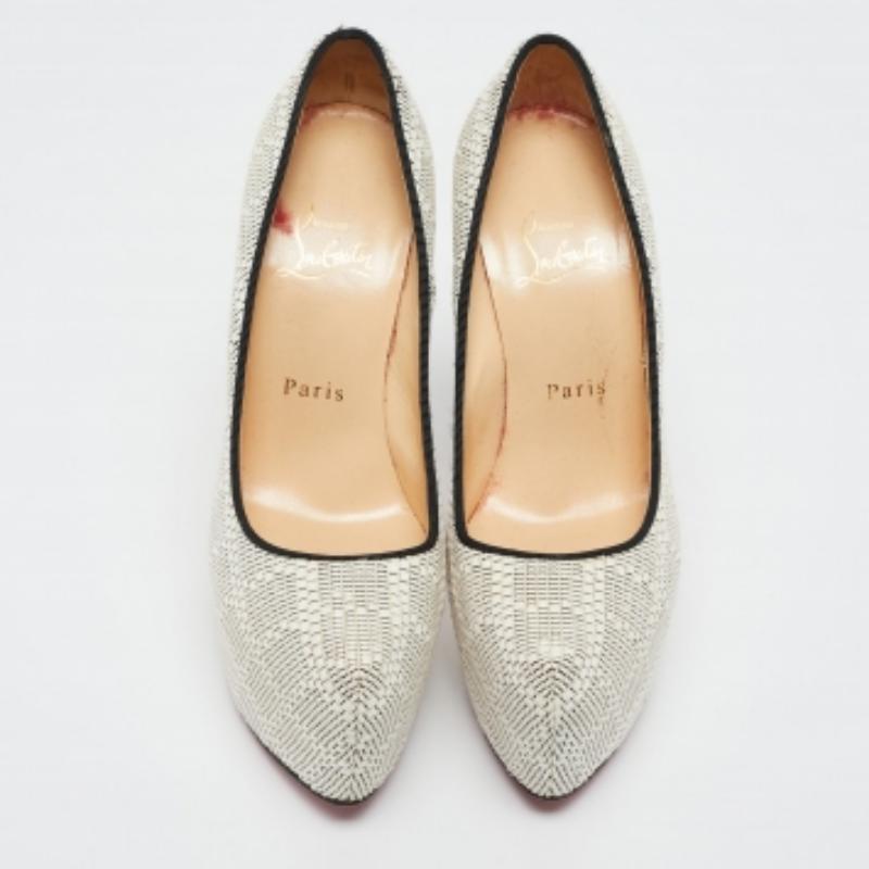 Beige Christian Louboutin White/Black Raffia Daffodile Platform Pumps Size 36.5 For Sale