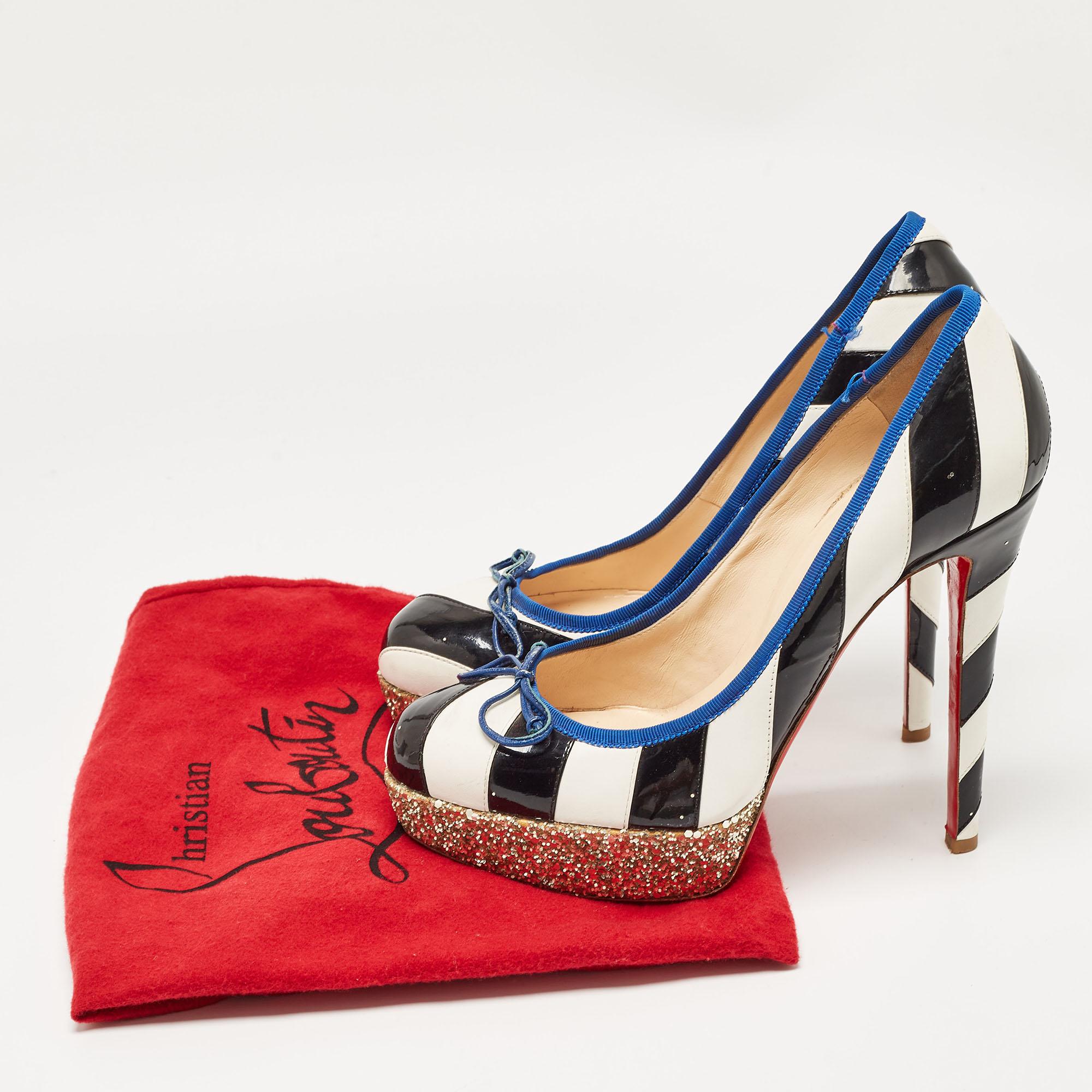 Christian Louboutin White/Black Striped Leather and Patent Foraine Pumps Size 39 For Sale 6