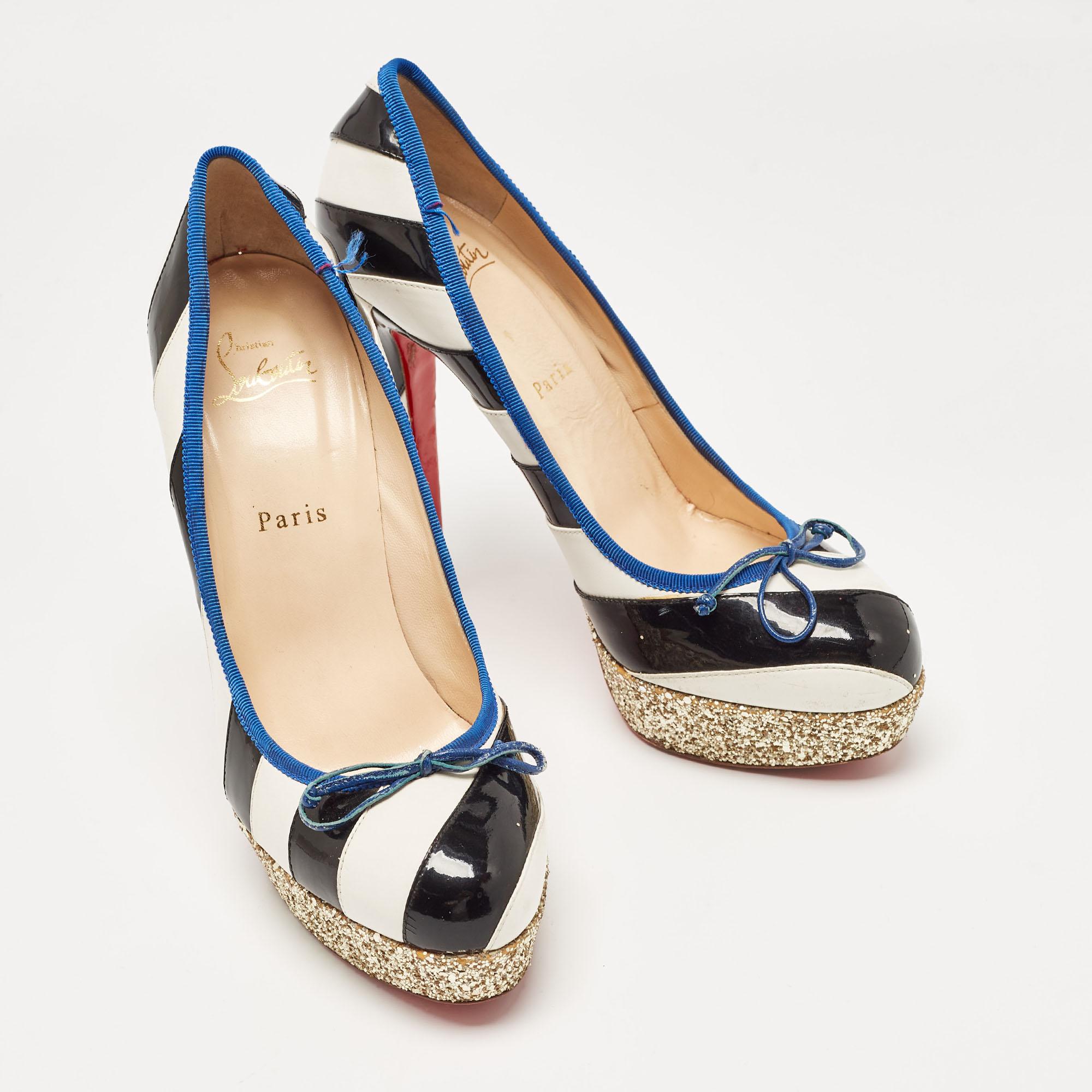 Christian Louboutin White/Black Striped Leather and Patent Foraine Pumps Size 39 For Sale 1