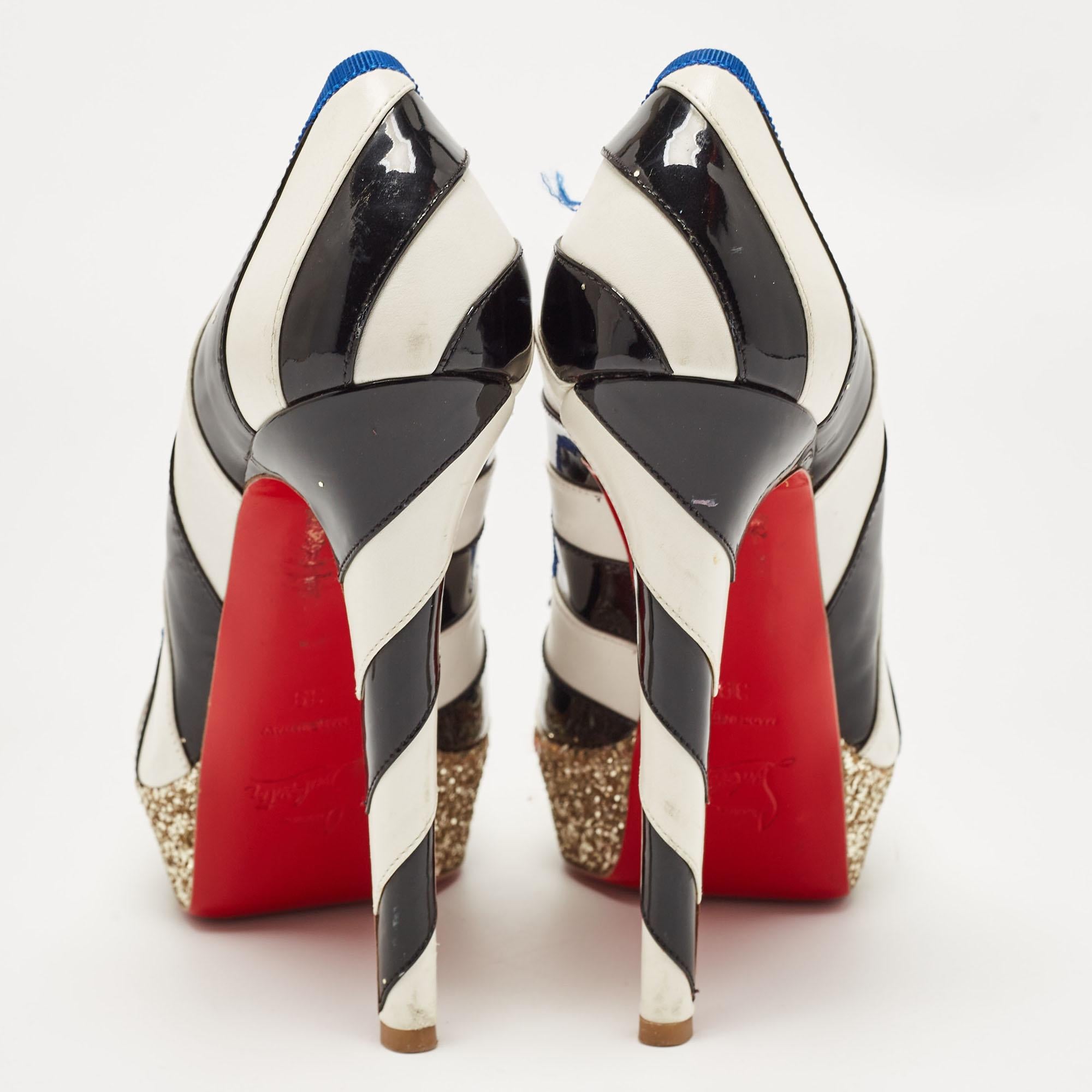 Christian Louboutin White/Black Striped Leather and Patent Foraine Pumps Size 39 For Sale 2
