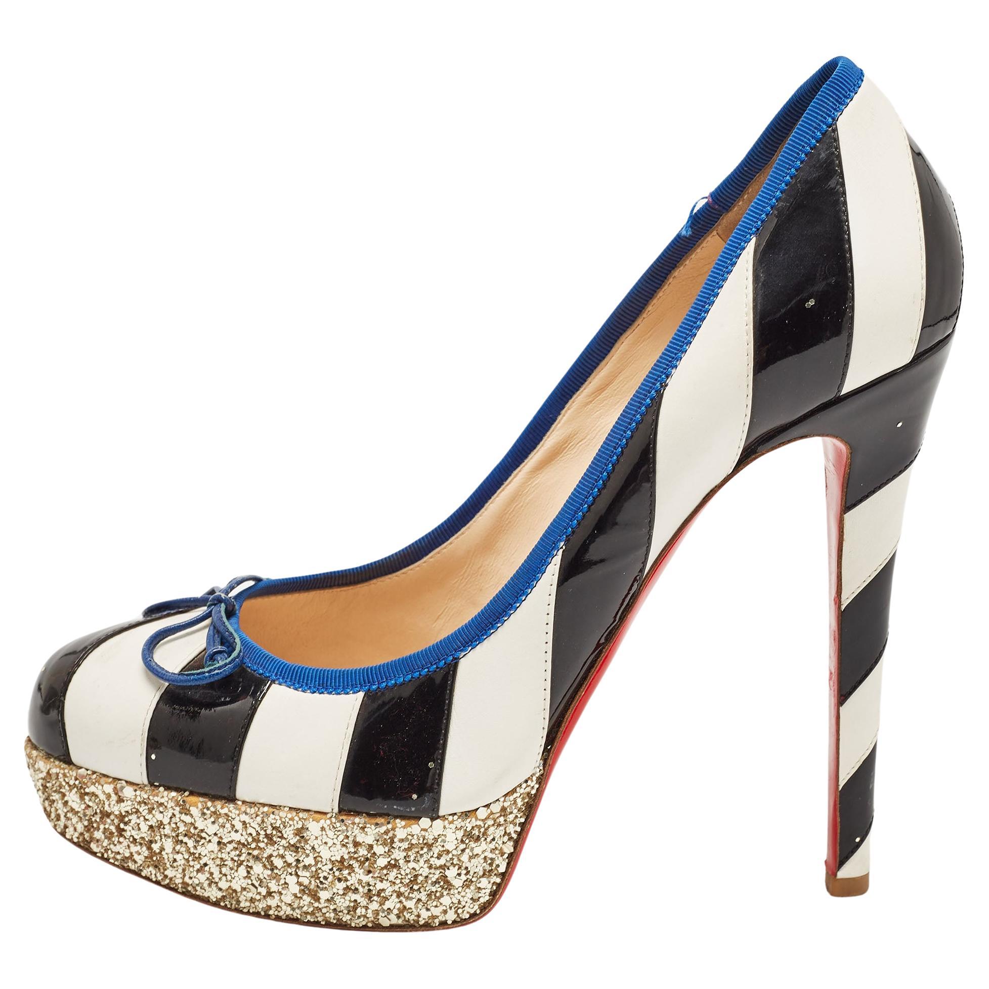 Christian Louboutin White/Black Striped Leather and Patent Foraine Pumps Size 39 For Sale