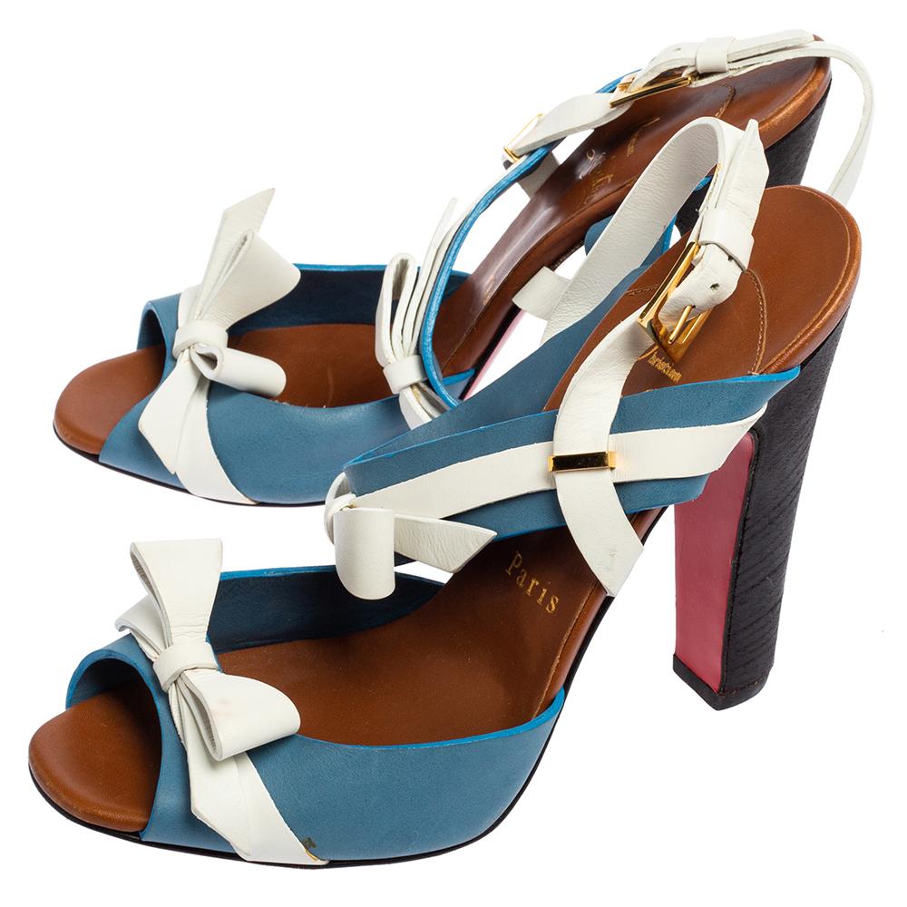 Black Christian Louboutin White/Blue Leather Lafalaise Double Platform Sandals Size 37