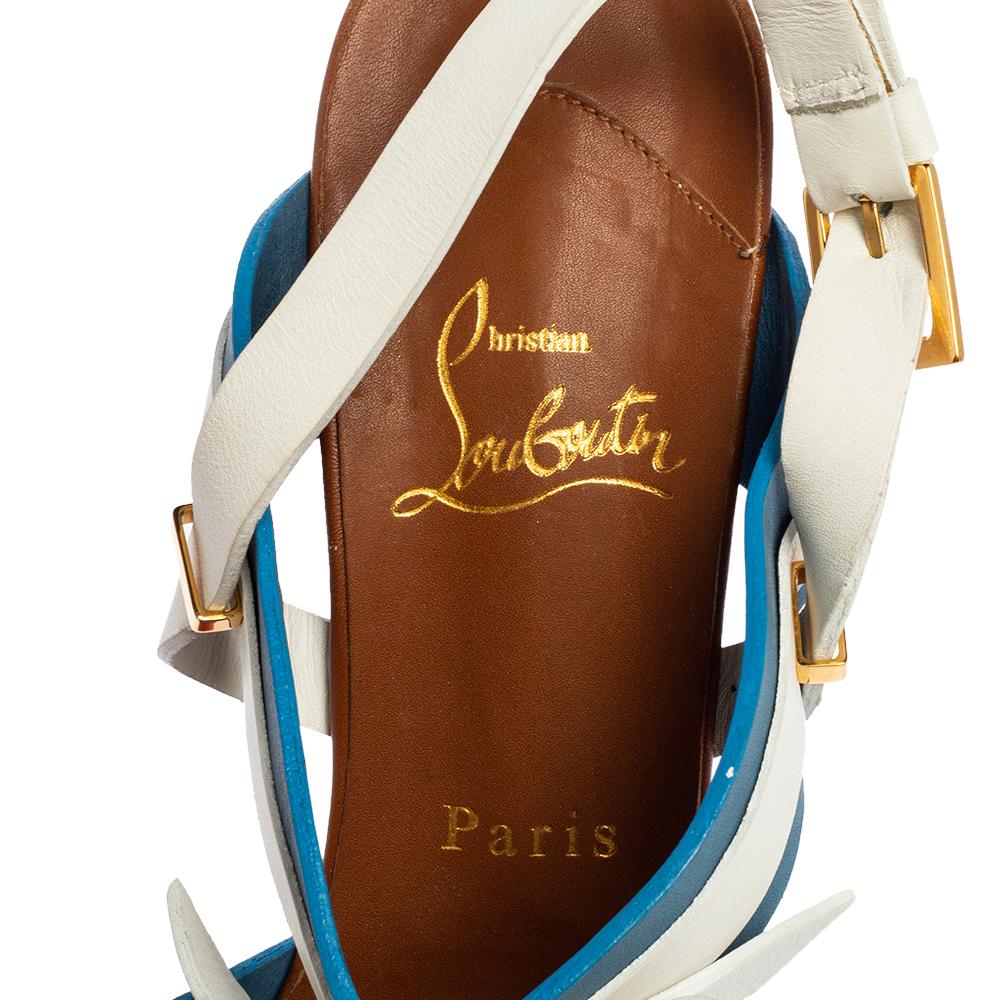 Women's Christian Louboutin White/Blue Leather Lafalaise Double Platform Sandals Size 37