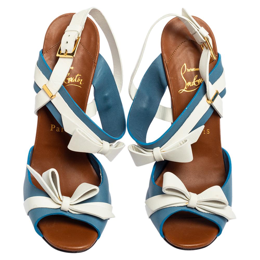 Christian Louboutin White/Blue Leather Lafalaise Double Platform Sandals Size 37 2