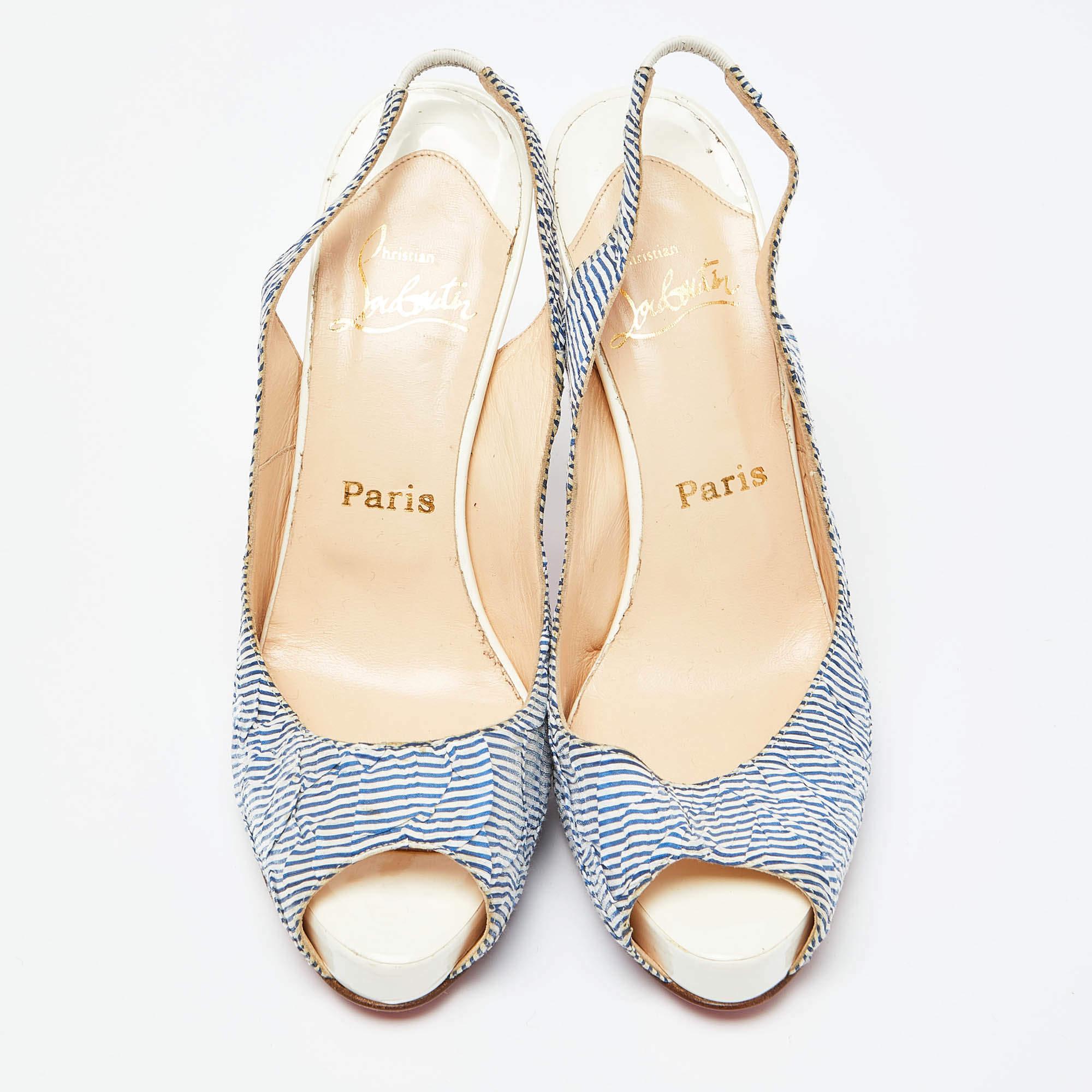 Gray Christian Louboutin White/Blue Striped Fabric No Prive Slingback Pumps Size 38.5