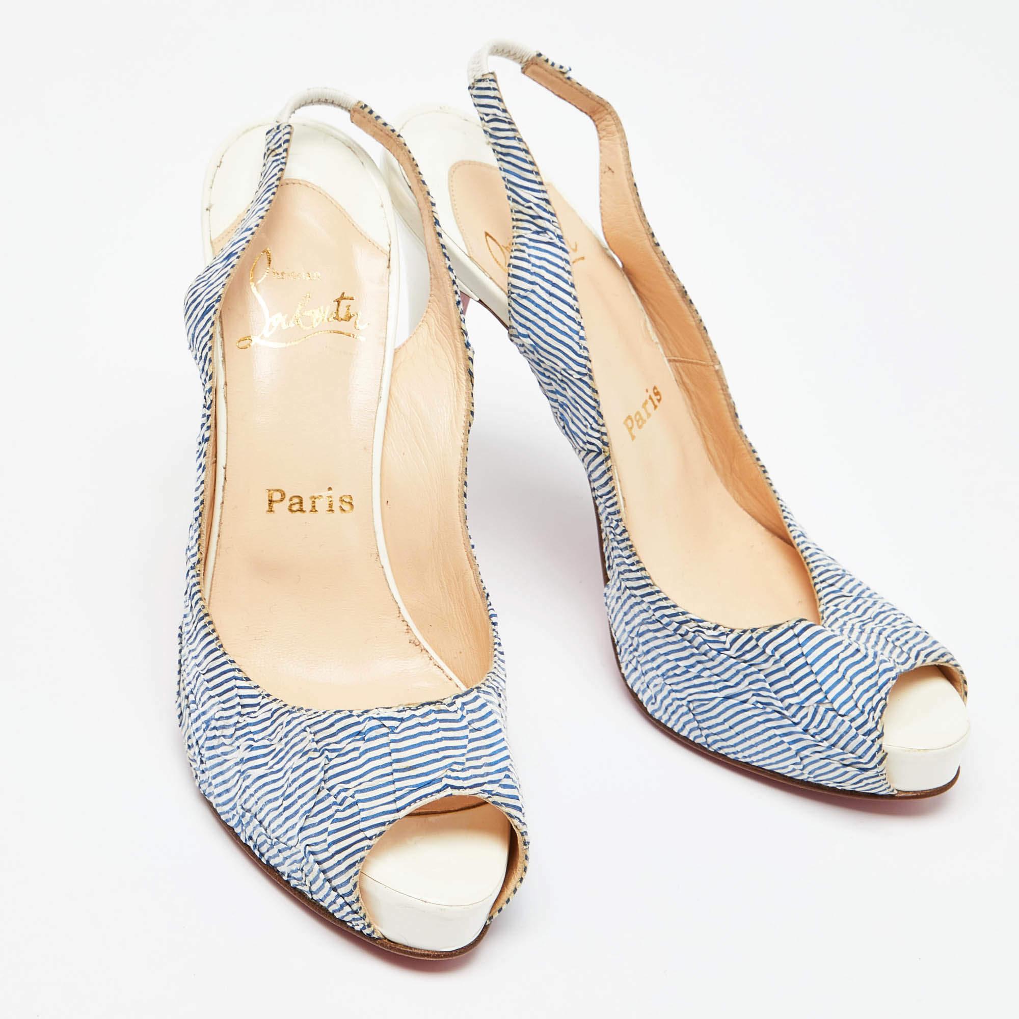 Christian Louboutin White/Blue Striped Fabric No Prive Slingback Pumps Size 38.5 In Excellent Condition In Dubai, Al Qouz 2