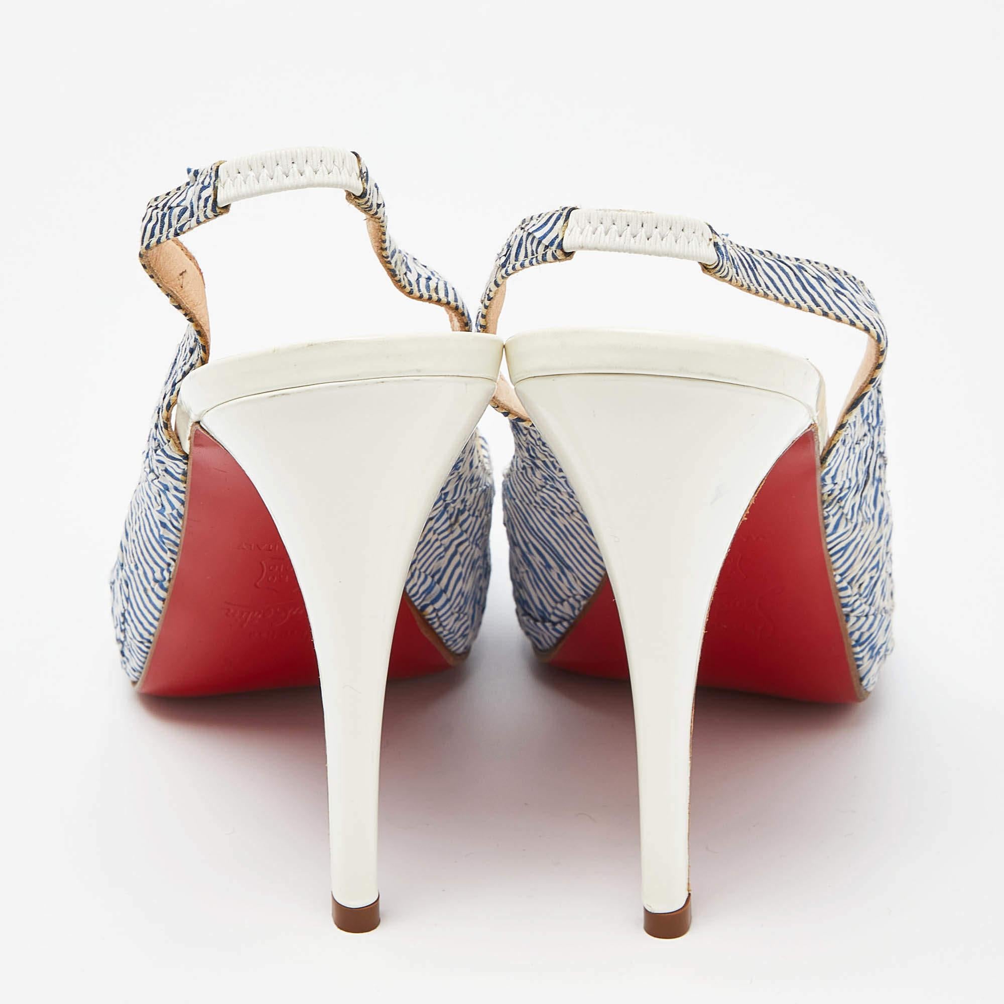 Women's Christian Louboutin White/Blue Striped Fabric No Prive Slingback Pumps Size 38.5