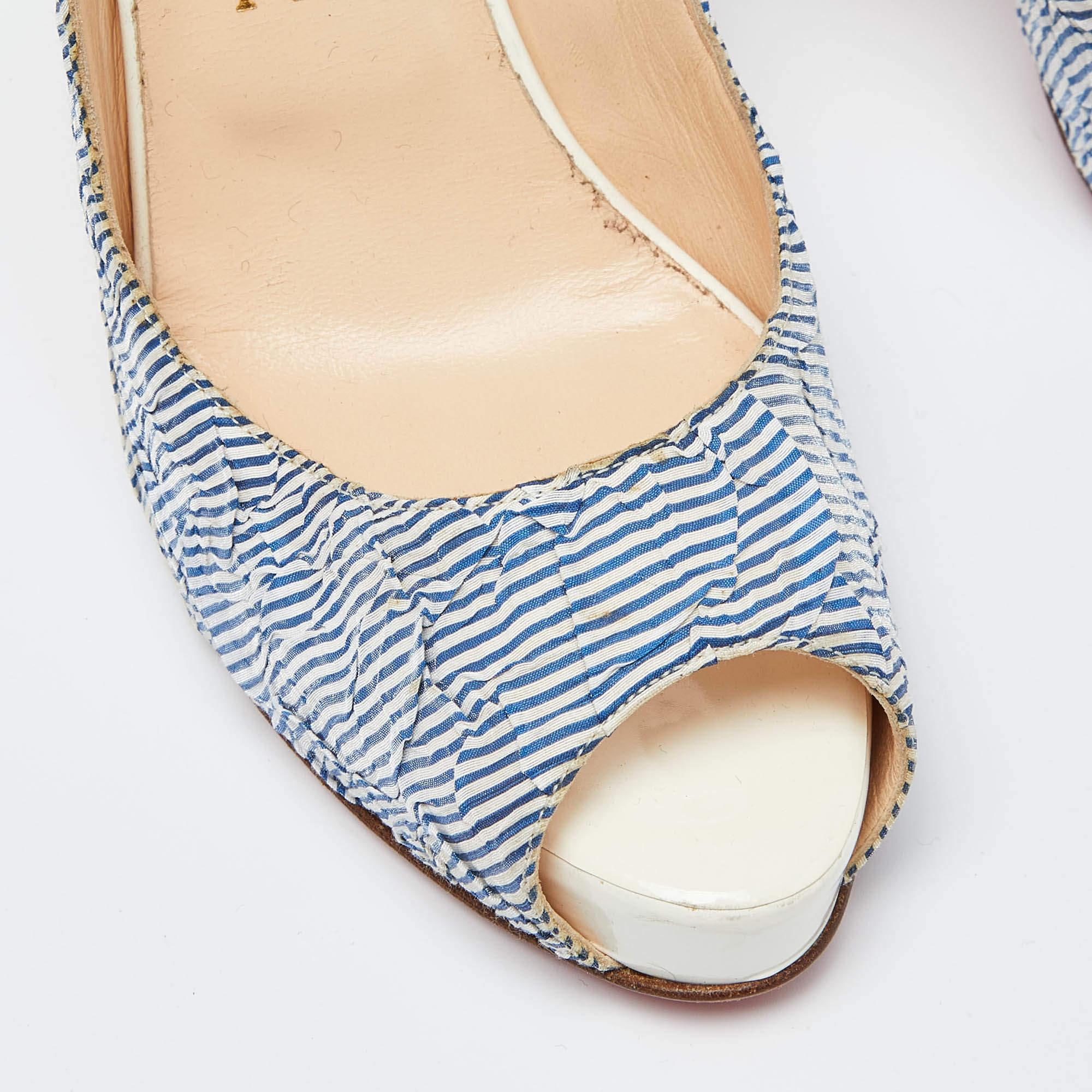 Christian Louboutin White/Blue Striped Fabric No Prive Slingback Pumps Size 38.5 2