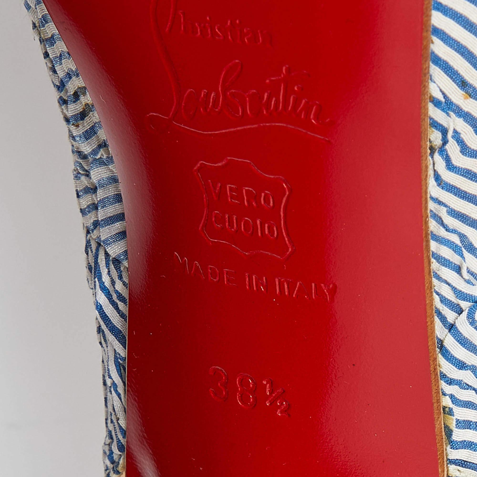 Christian Louboutin White/Blue Striped Fabric No Prive Slingback Pumps Size 38.5 3