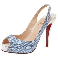 Christian Louboutin White/Blue Striped Fabric Prive Peep Toe Sandals Size 38