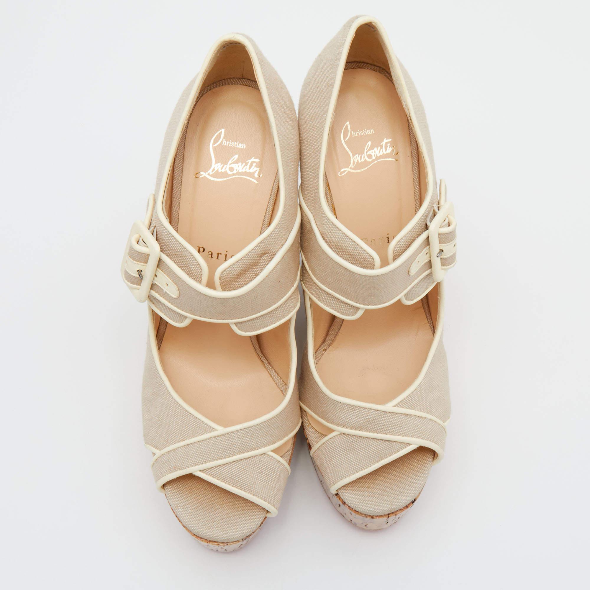 Brown Christian Louboutin White Canvas And Leather Cork Melides Peep Toe Pumps Size 39