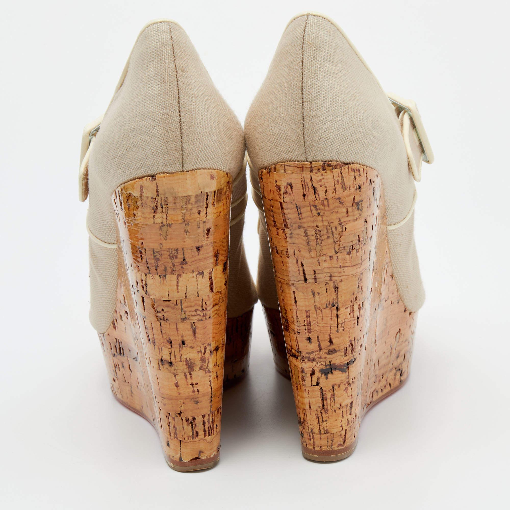 Women's Christian Louboutin White Canvas And Leather Cork Melides Peep Toe Pumps Size 39