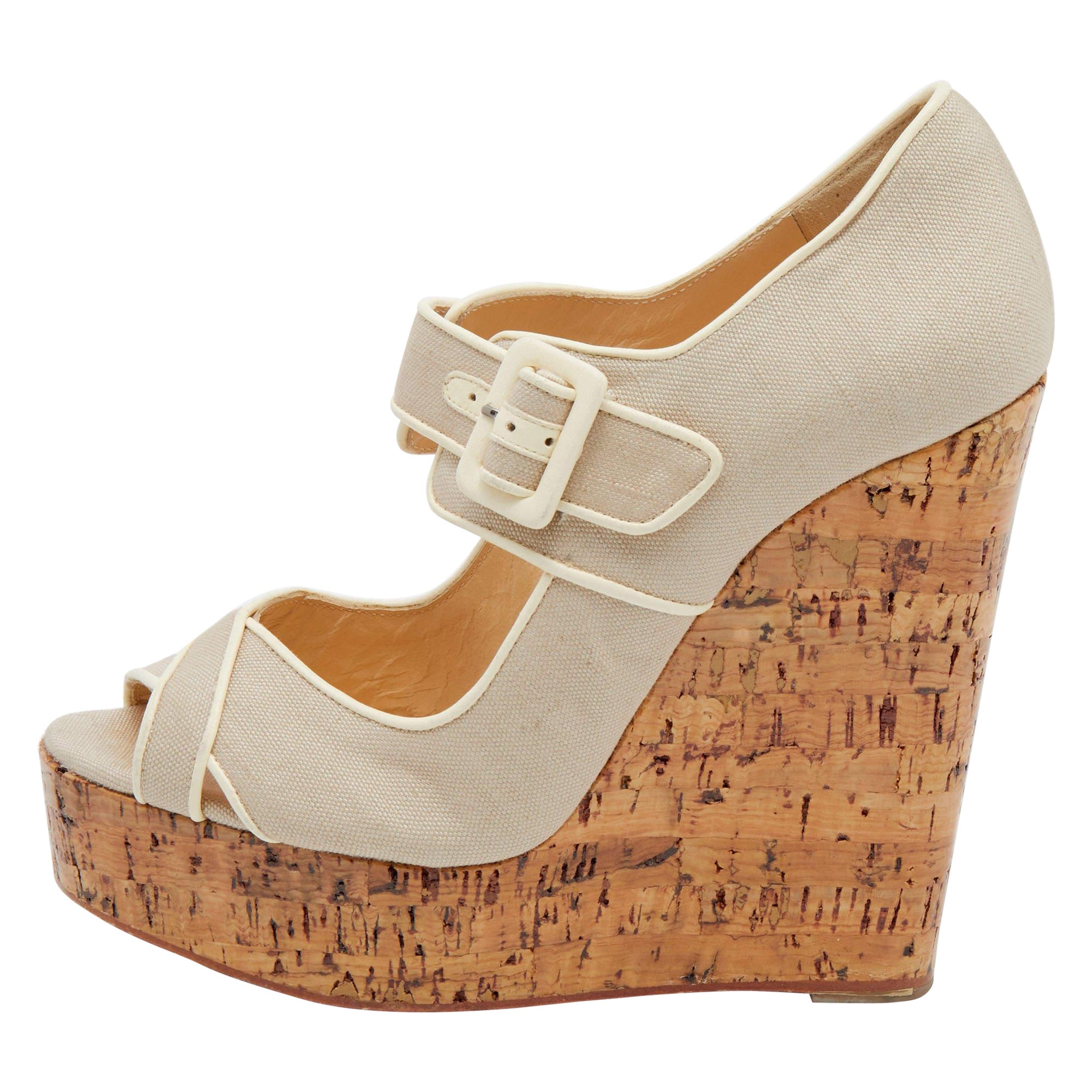 Christian Louboutin White Canvas And Leather Cork Melides Peep Toe Pumps Size 39