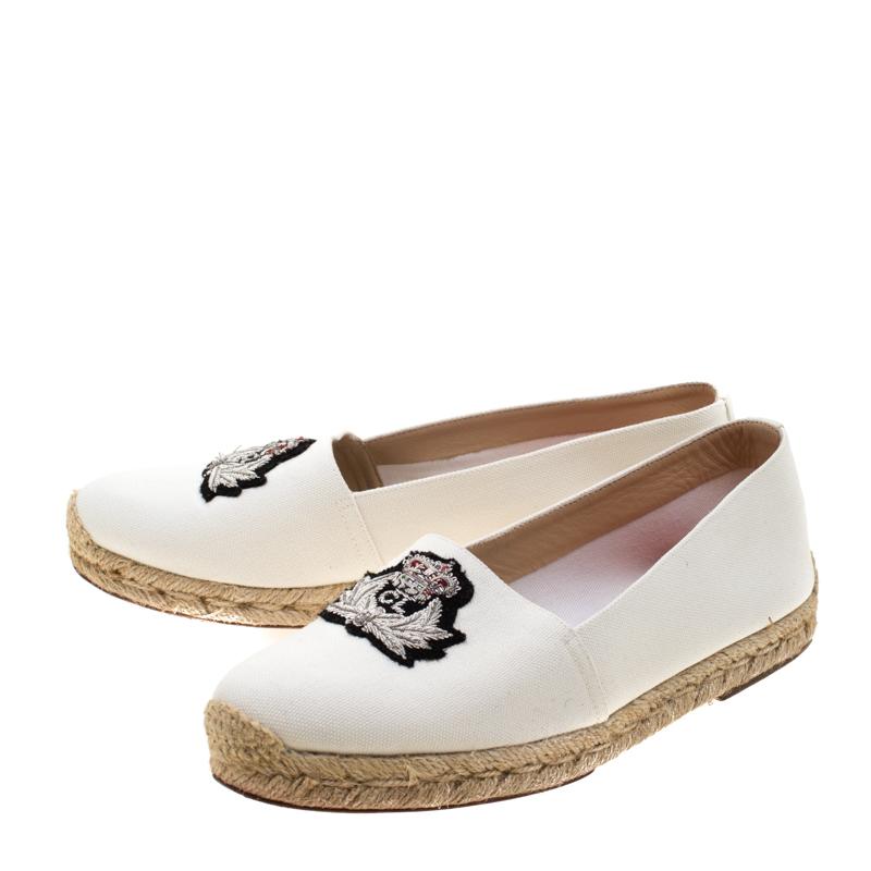 Christian Louboutin White Canvas Gala Embroidered Crest Espadrille Loafers 39 1