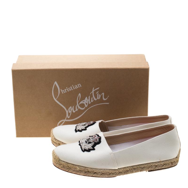 Christian Louboutin White Canvas Gala Embroidered Crest Espadrille Loafers 39 4