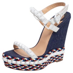 Christian Louboutin White Cataclou Denim Wedge Ankle Strap Sandals Size 37