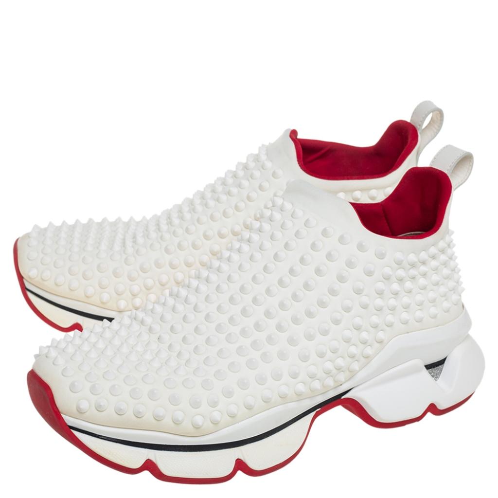 Christian Louboutin White Fabric Spike-Sock Sneakers Size 39 In Good Condition In Dubai, Al Qouz 2
