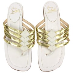 Christian Louboutin White Flat Leather Gold Flip Lbslm42 Sandals
