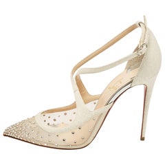 Christian Louboutin White Glitter Leather Mesh Strass Twistissima Pumps Size 39