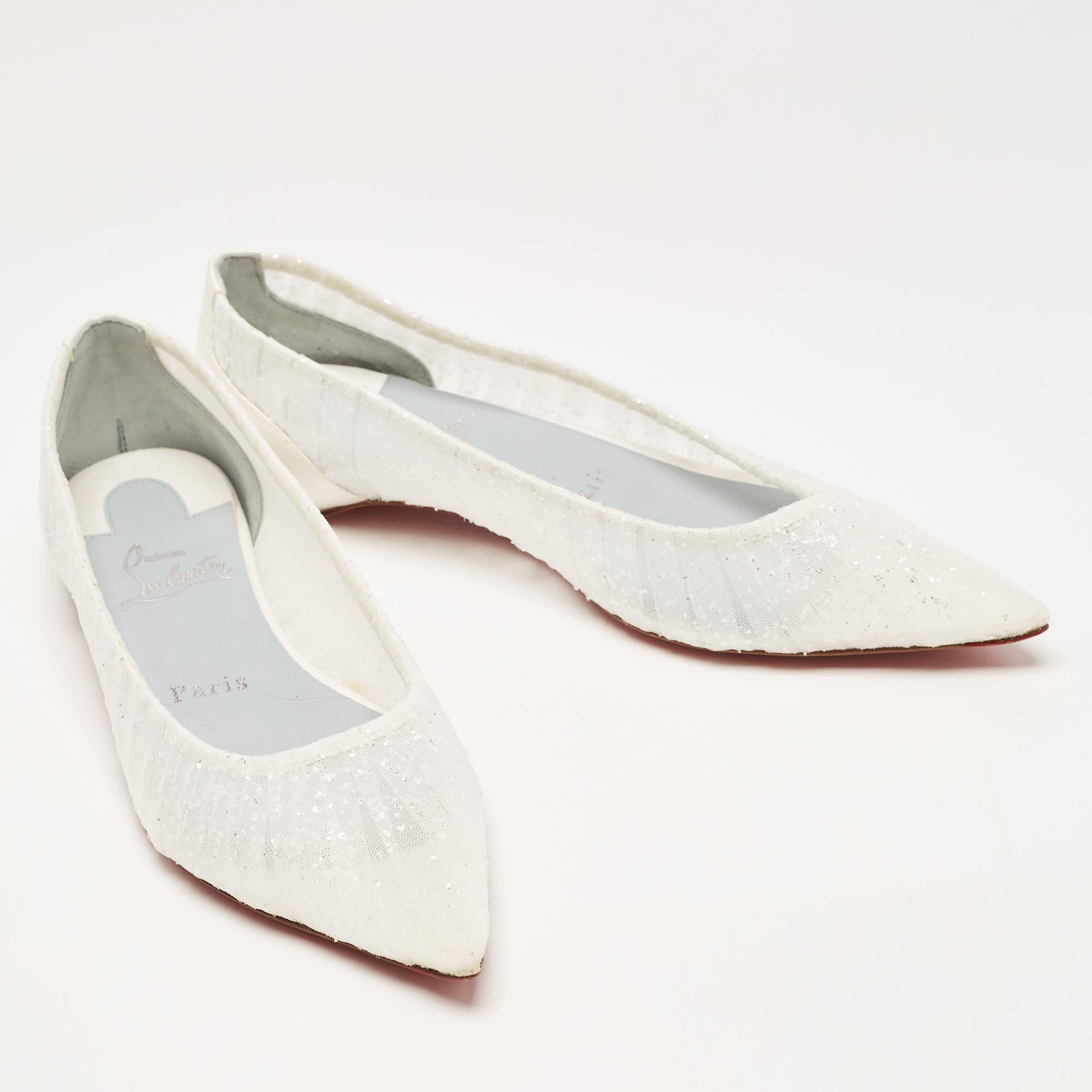 Christian Louboutin White Glitter Tulle Fabric and Satin Kate Ballet Flats Size  3