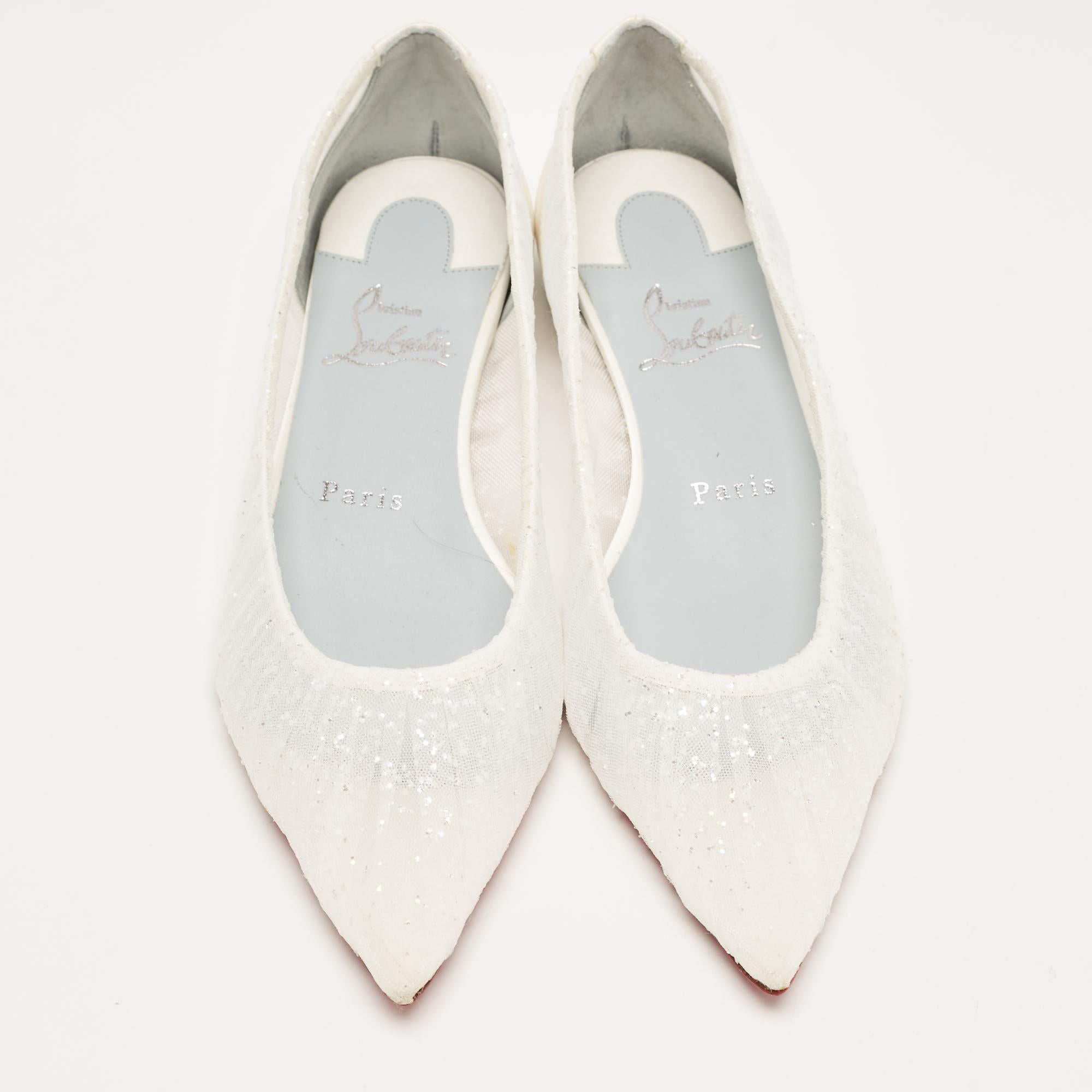 Christian Louboutin White Glitter Tulle Fabric and Satin Kate Ballet Flats Size  4