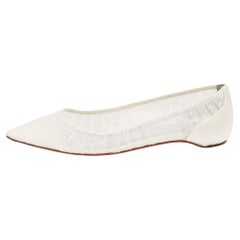 Christian Louboutin White Glitter Tulle Fabric and Satin Kate Ballet Flats Size 