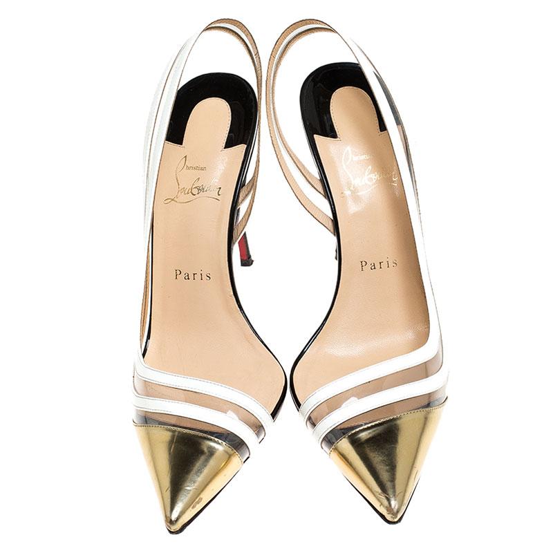 Beige Christian Louboutin White/Gold Leather And PVC Paralili D'orsay Pumps Size 40