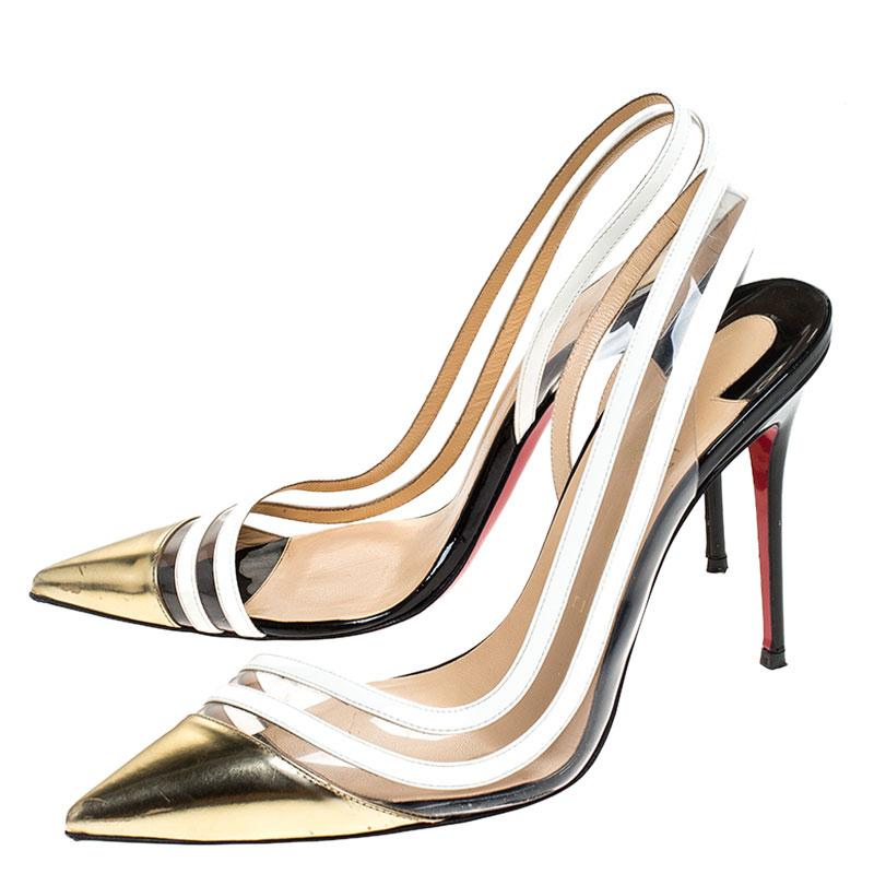 Christian Louboutin White/Gold Leather And PVC Paralili D'orsay Pumps Size 40 In Good Condition In Dubai, Al Qouz 2