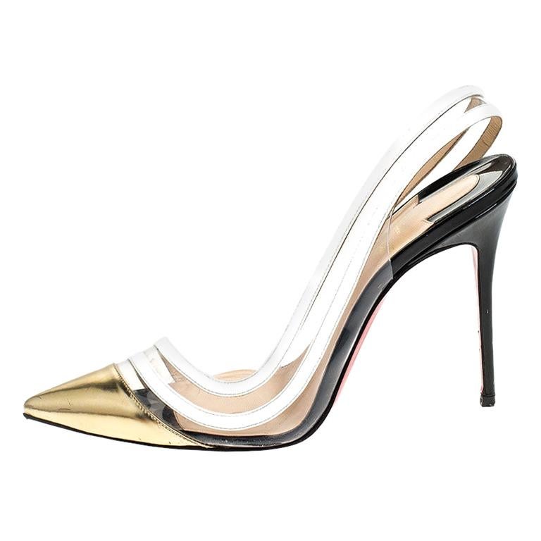 Christian Louboutin White/Gold Leather And PVC Paralili D'orsay Pumps Size 40