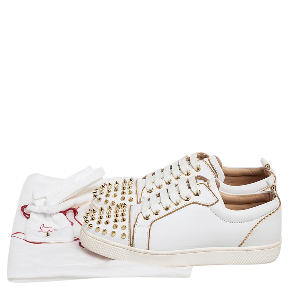 Women's Christian Louboutin White/Gold Leather Louis Junior Spikes Sneakers Size 37