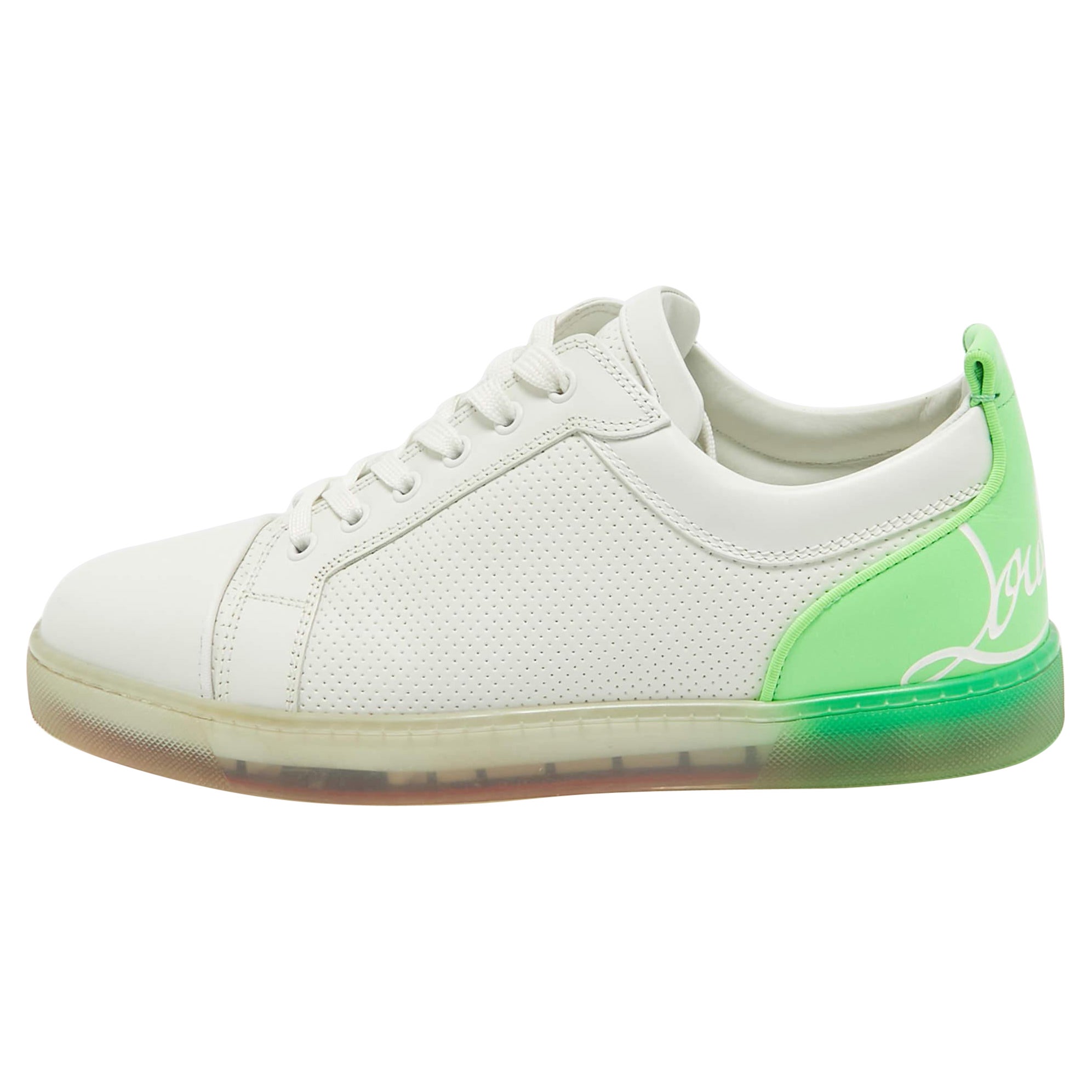 Christian Louboutin White/Green  Leather Lace Up Sneakers Size 42