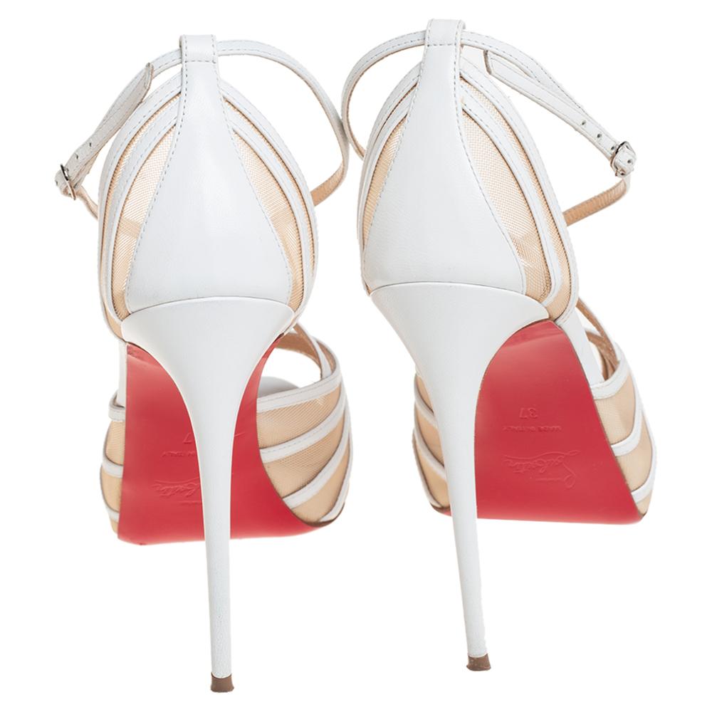 Christian Louboutin White Leather And Mesh Platform Ankle Strap Sandals Size 37 In Good Condition In Dubai, Al Qouz 2