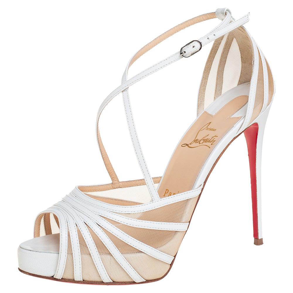 Christian Louboutin White Leather And Mesh Platform Ankle Strap Sandals Size 37