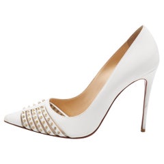 Christian Louboutin White Leather Bareta Spike Accents Pointed Toe Pump Size38.5