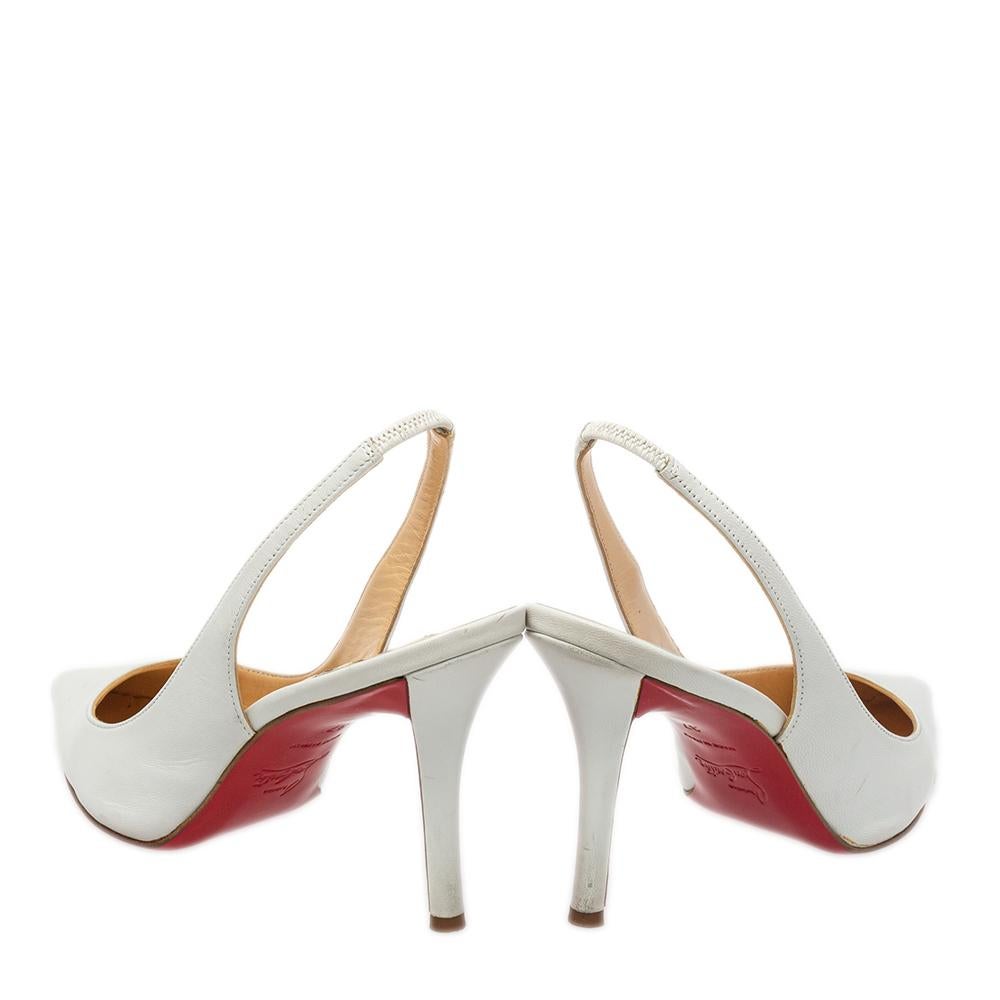 Women's Christian Louboutin White Leather Clare Slingback Pointed Toe Sandals Size 37