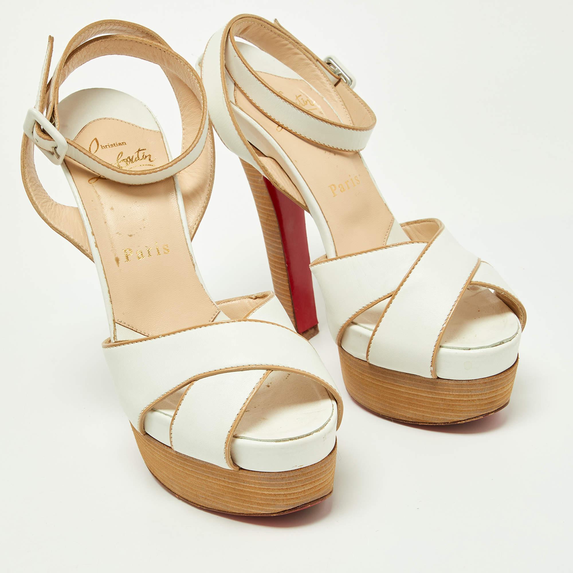 Women's Christian Louboutin White Leather Criss Cross Platform Ankle Strap Sandals Size  For Sale