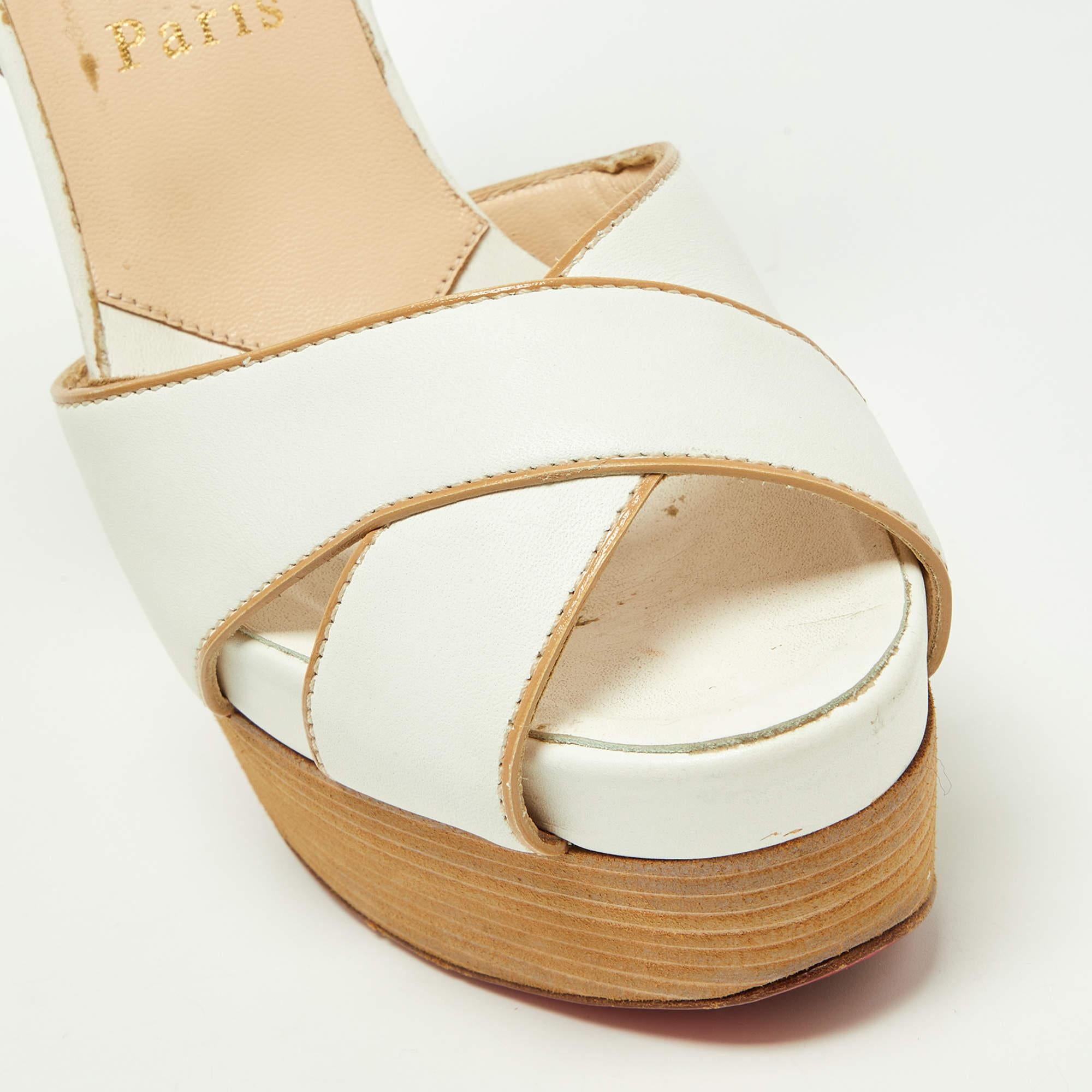Christian Louboutin White Leather Criss Cross Platform Ankle Strap Sandals Size  For Sale 1