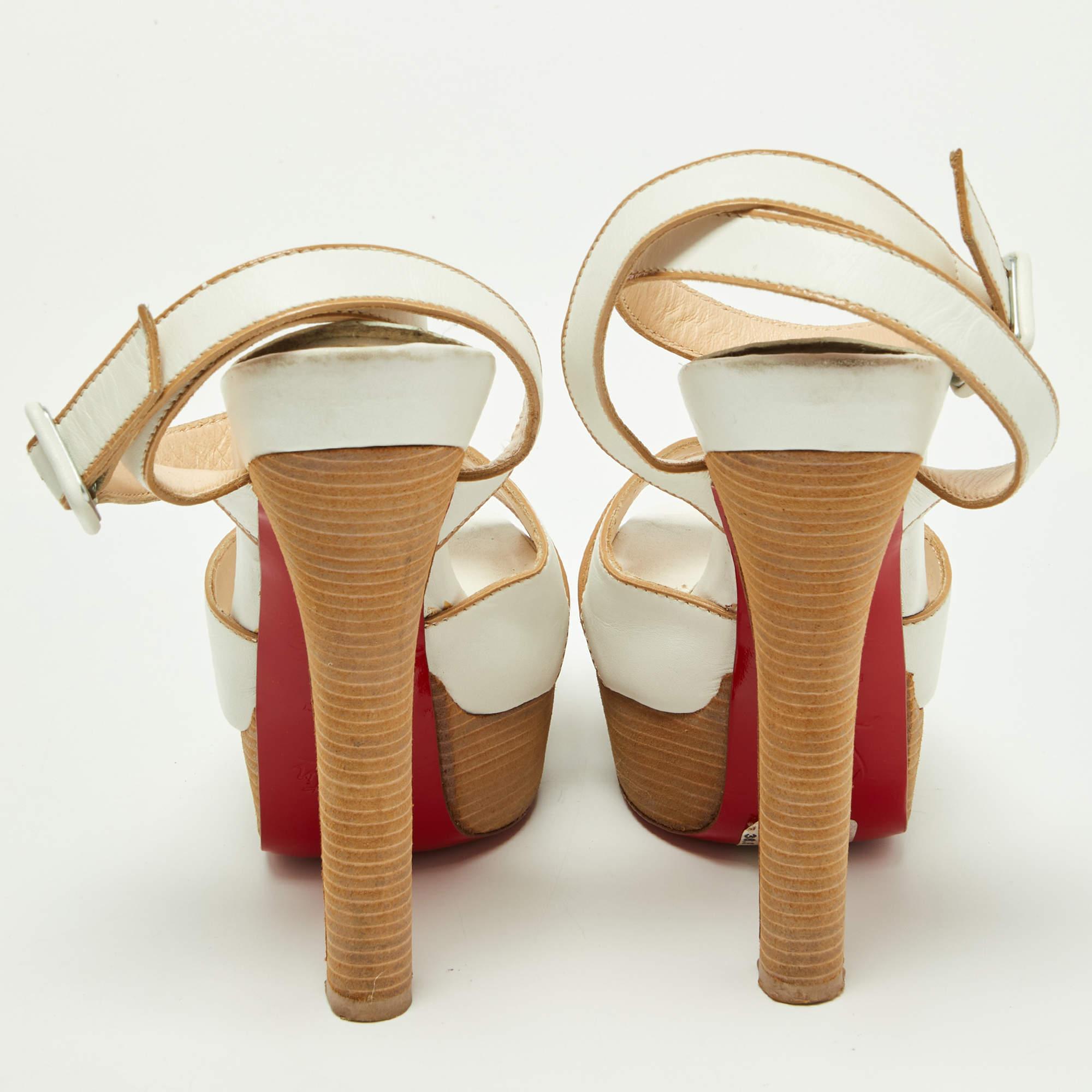 Christian Louboutin White Leather Criss Cross Platform Ankle Strap Sandals Size  For Sale 2