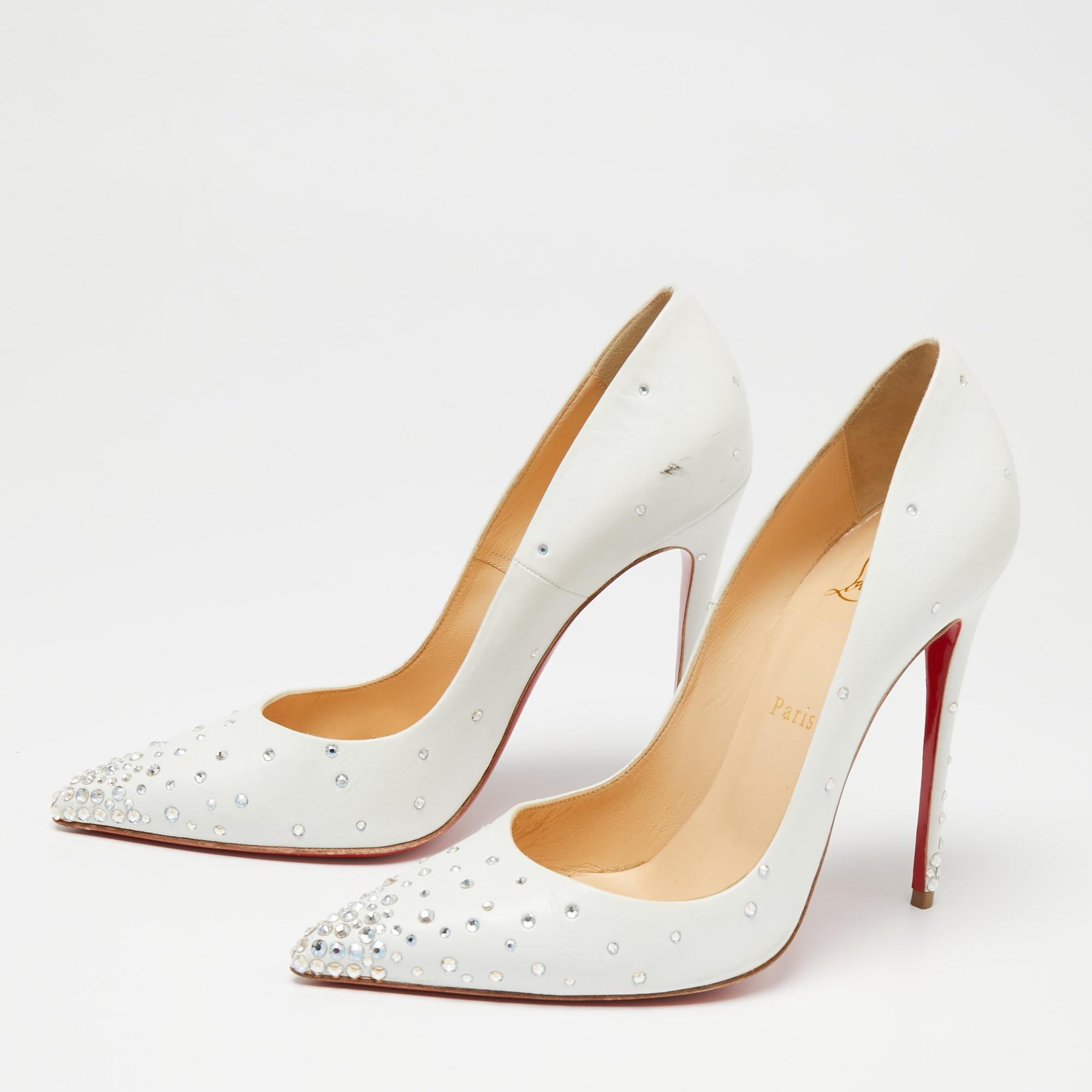 The So Kate pumps from Christian Louboutin are named after supermodel Kate Moss. They are designed with selective features that exhibit the brand's signature skill and legacy effortlessly. Covered in white leather and cut into a daring silhouette,