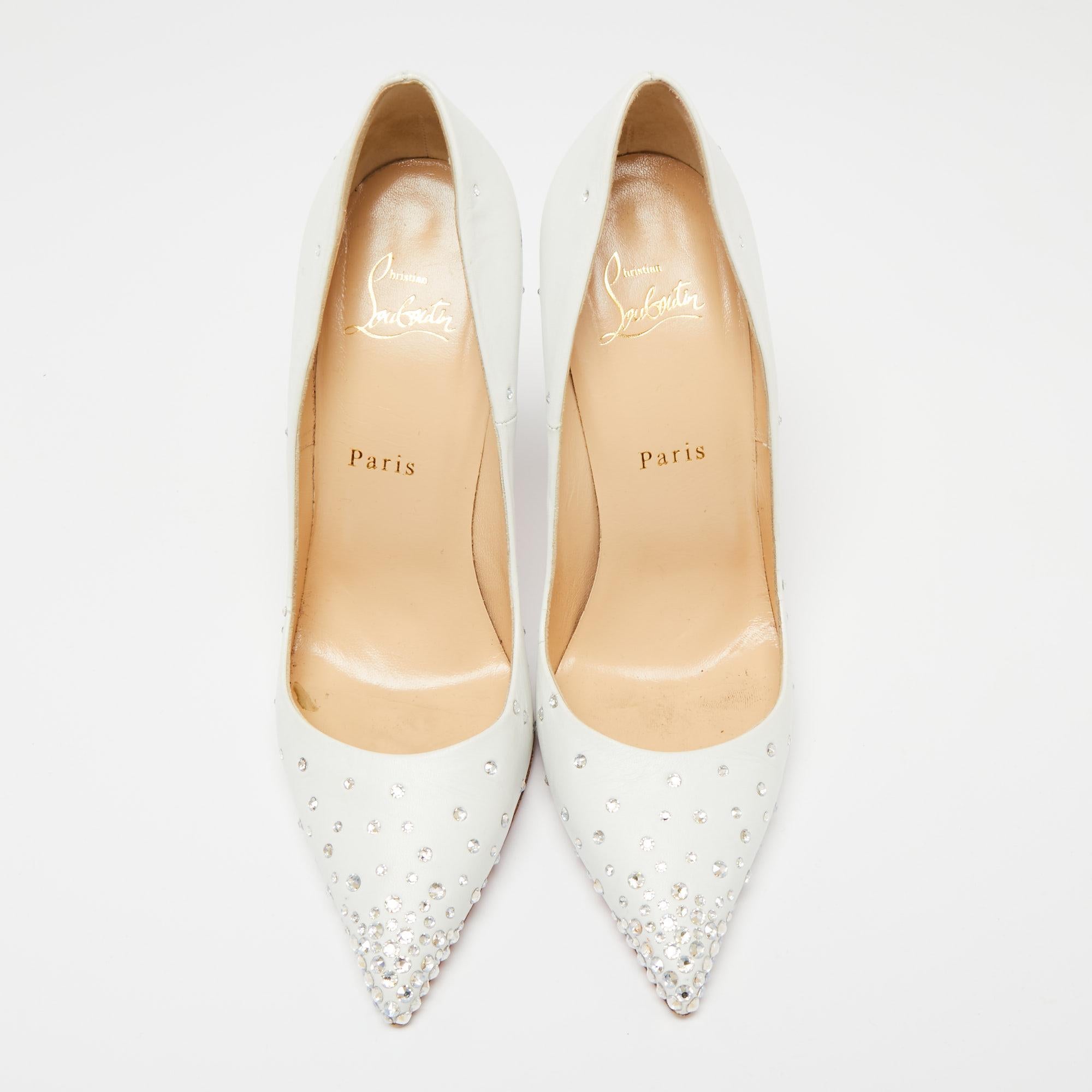Women's Christian Louboutin White Leather Crystal Embellished So Kate Pumps Size 39