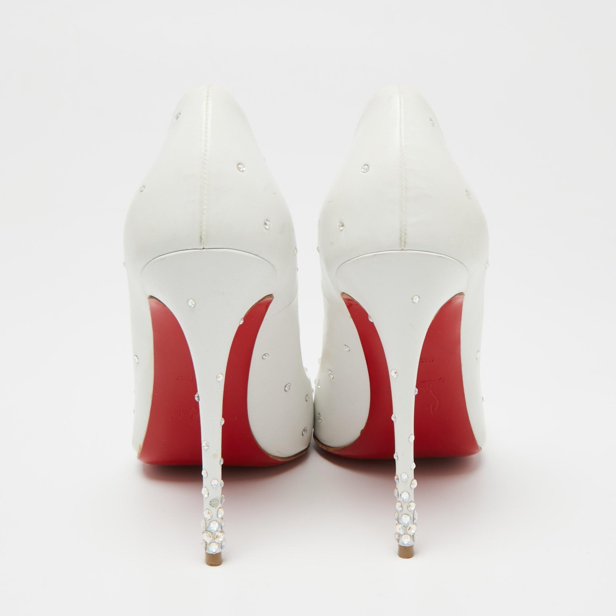 Christian Louboutin White Leather Crystal Embellished So Kate Pumps Size 39 1