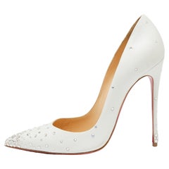 Christian Louboutin White Leather Crystal Embellished So Kate Pumps Size 39